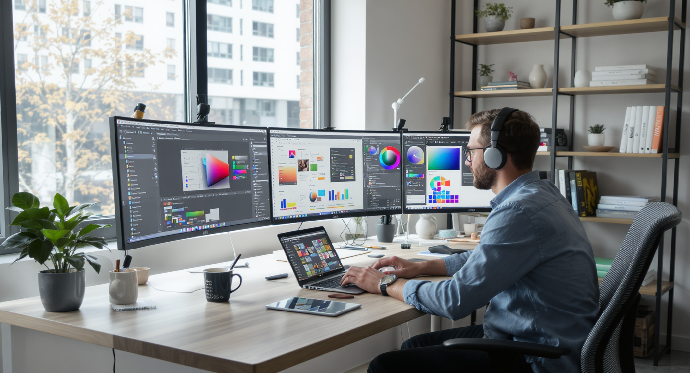 Designer web freelance travaillant sur un projet numérique créatif