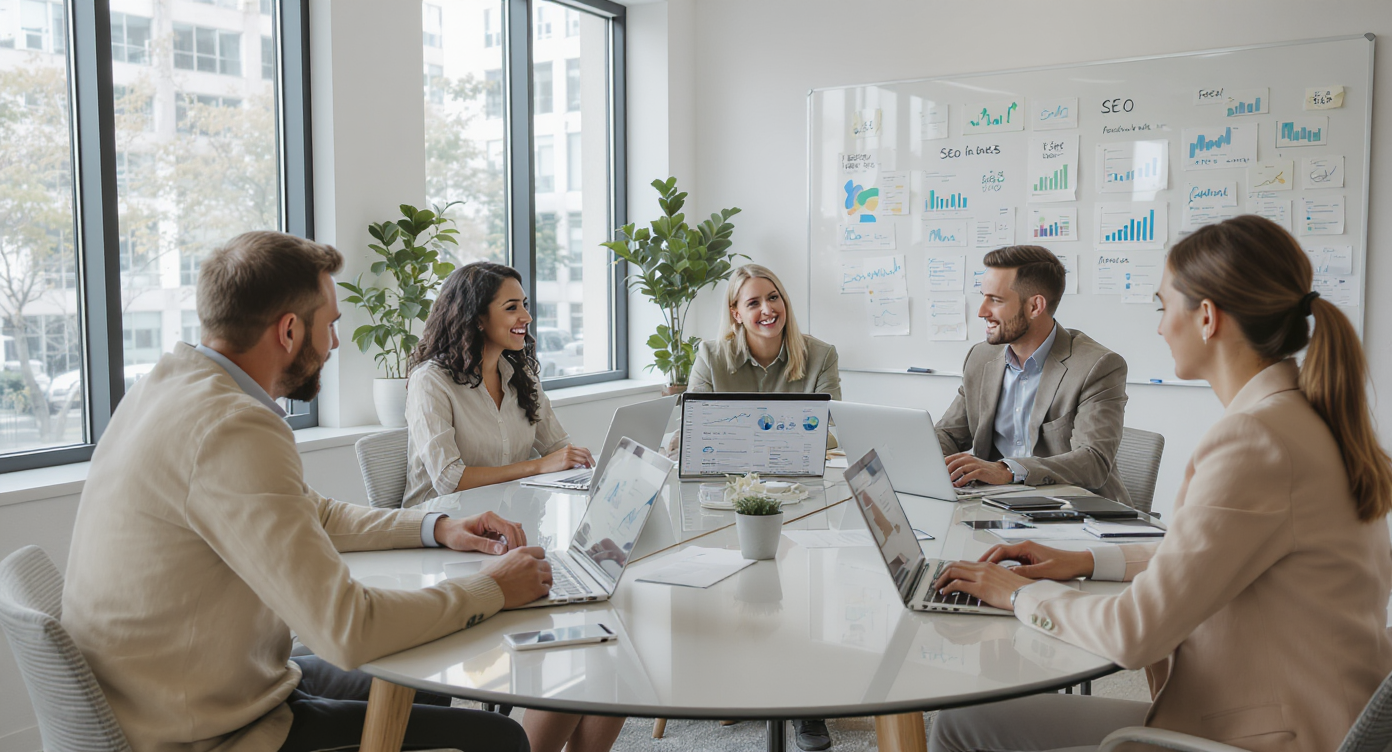 Professionnels évaluant des agences SEO pour stratégie digitale efficace