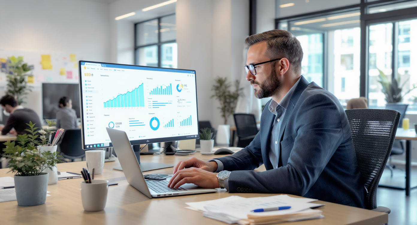 Stratégies SEO illustrées avec graphiques et outils numériques modernes